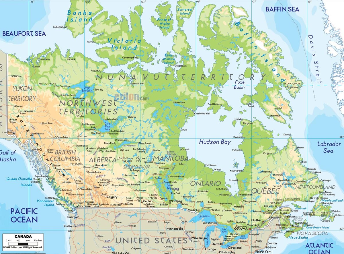 一个物理加拿大的地图